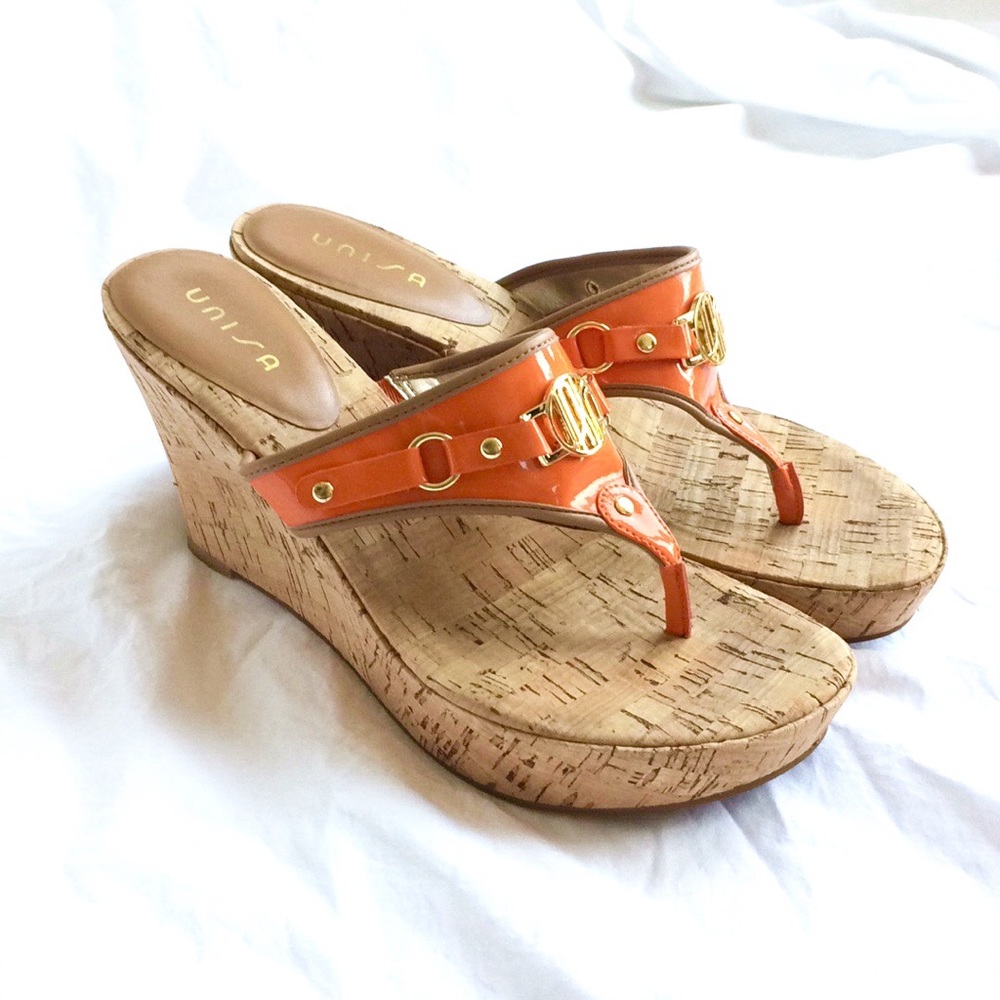 Unisa Orange ‘Patent’ Platform Wedge Sandal Sz 9 - Picture 6 of 8